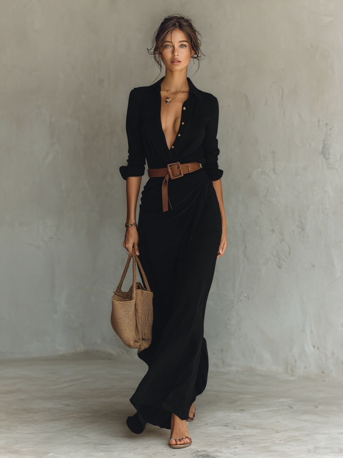 Abito maxi Elegante con Rever e Maniche lunghe per donna