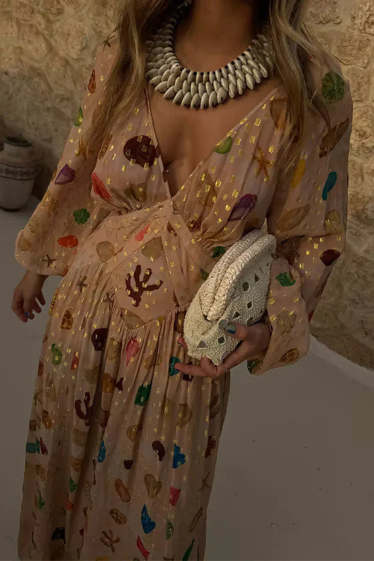 Alessandra - Abito con stampa marino e dettagli dorados