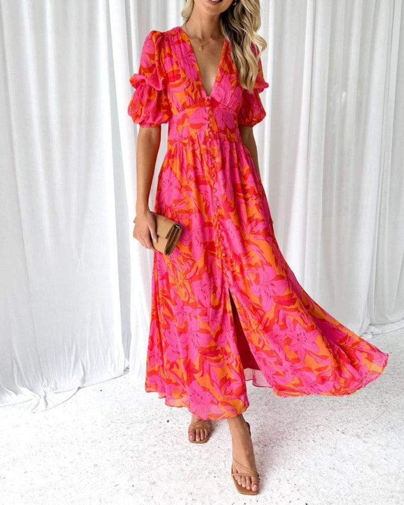 Sierra - Abito maxi Elegante con Scollo a V e Maniche a palloncino