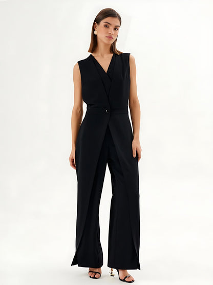 Jumpsuit nero senza maniche con effetto avvolgente e gamba larga