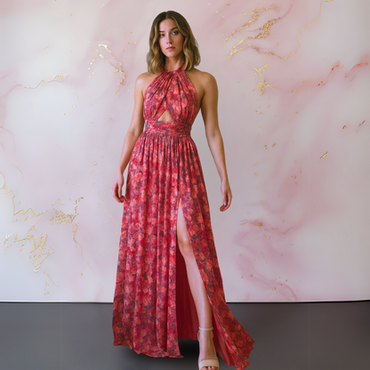 Vania – Abito Maxi Floreale Elegante con Schiena scoperta
