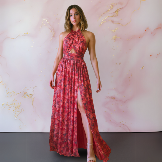 Vania – Abito Maxi Floreale Elegante con Schiena scoperta
