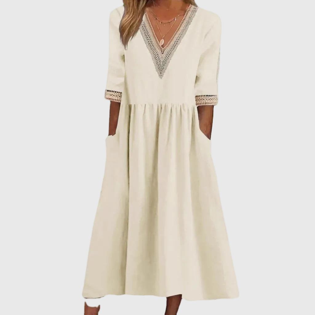 Sara | Abito midi con dettaglio di Pizzo Elegante