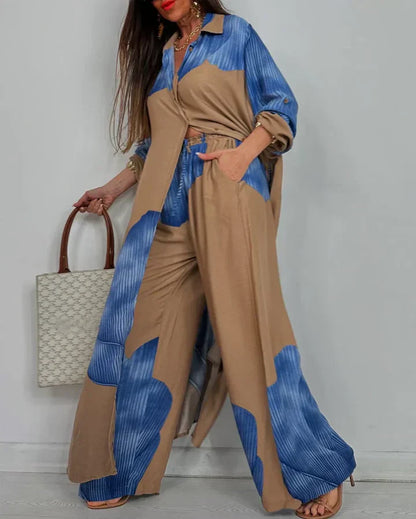 ISABEAU – SET DI TOP IMPRESO DI PATCHWORK TENDENCIA E PANTALONI AMPI