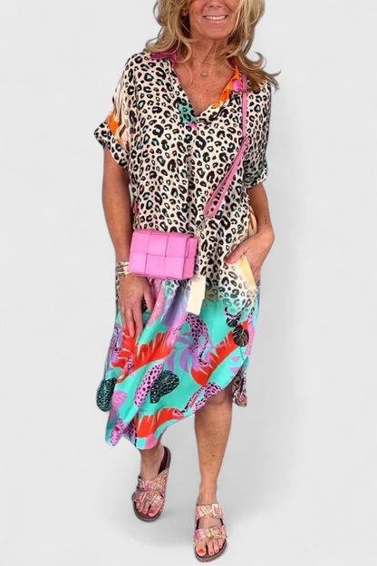 Gala Abito Boho Casual con Stampa di Leopardo e scollo a V