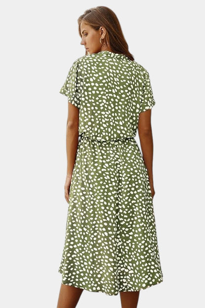Rovena Abito midi di Pois con Collo Camisero e Vita Regolabile