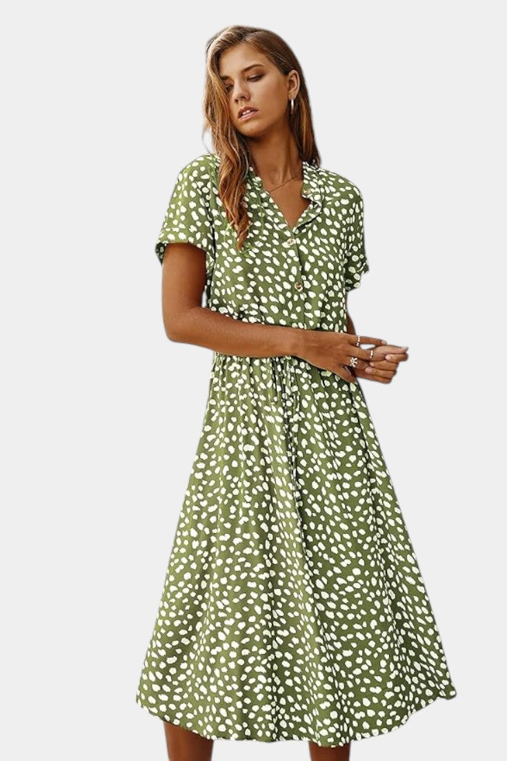 Rovena Abito midi di Pois con Collo Camisero e Vita Regolabile