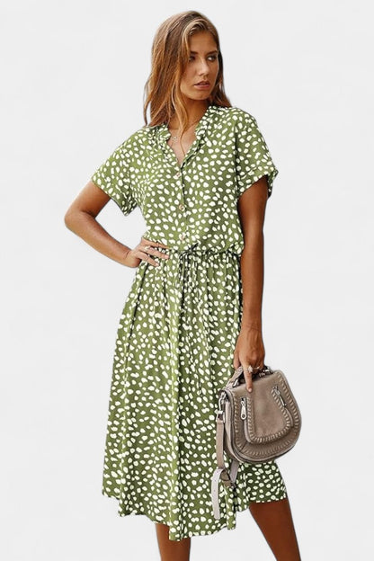 Rovena Abito midi di Pois con Collo Camisero e Vita Regolabile