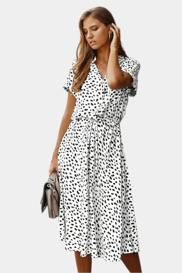 Rovena Abito midi di Pois con Collo Camisero e Vita Regolabile