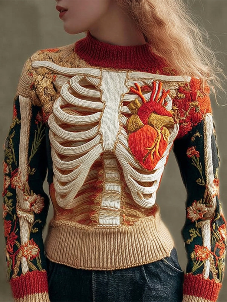 Maglione girocollo in maglia da da donna con Arte di Scheletro Umano e Floreale in 3D