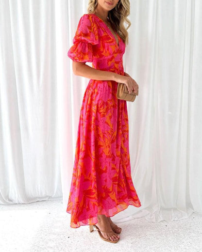 Zynelle | Elegante abito maxi con scollo a V e maniche a palloncino