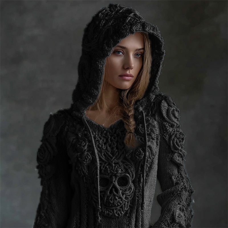 Maglione in maglia caldo e morbido con cappuccio di teschio celtico vichinga e rose blancas vintage