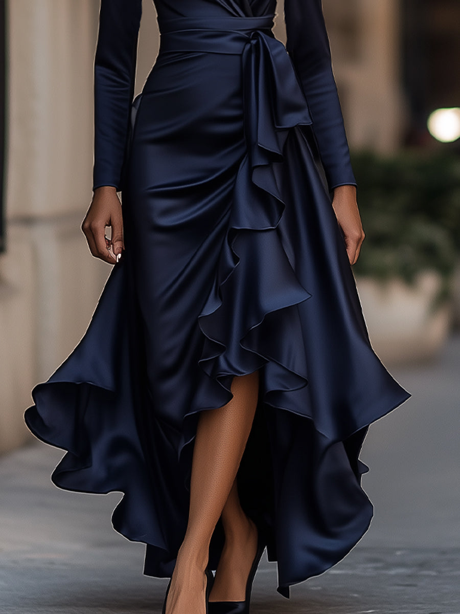 Palma | Abito maxi di Raso Draped con Dettagli di Volant