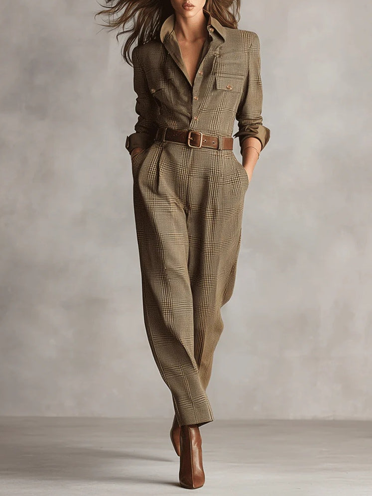Alessia - Tuta Utilitario di Tweed Marrone con Motivo Raffinato