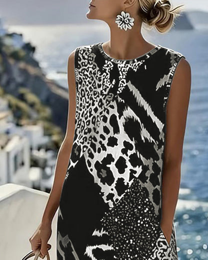 Abito Senza maniche Lunghe di Stampa di Leopardo in Patchwork