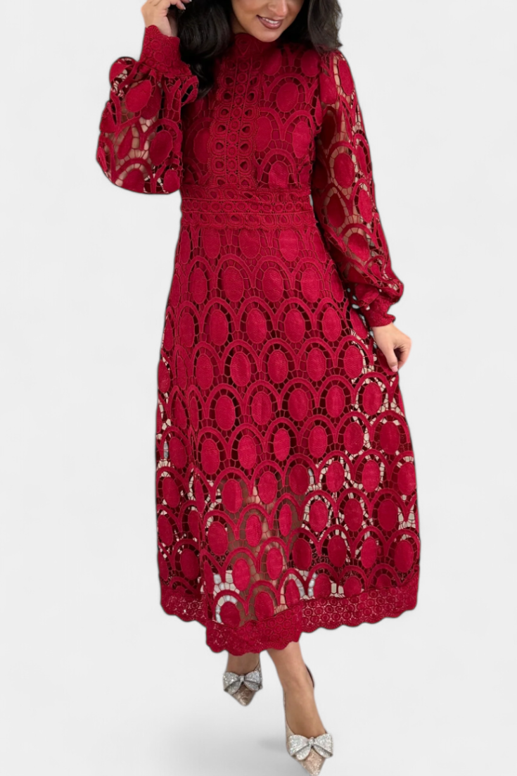 Jovie Abito midi in pizzo Ricamo con Collo alto