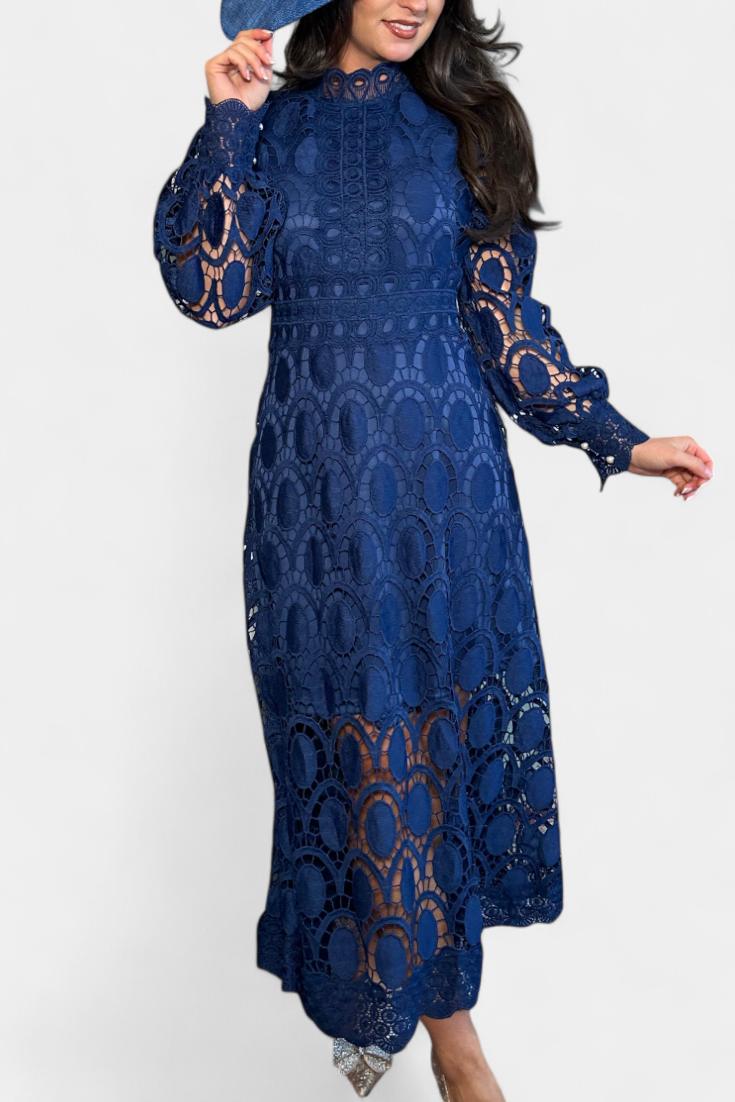 Jovie Abito midi in pizzo Ricamo con Collo alto