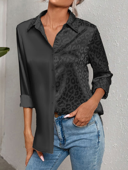 Gwendolyn - Camicia di Bottoni di Satin Bicolor con Stampa di Leopardo