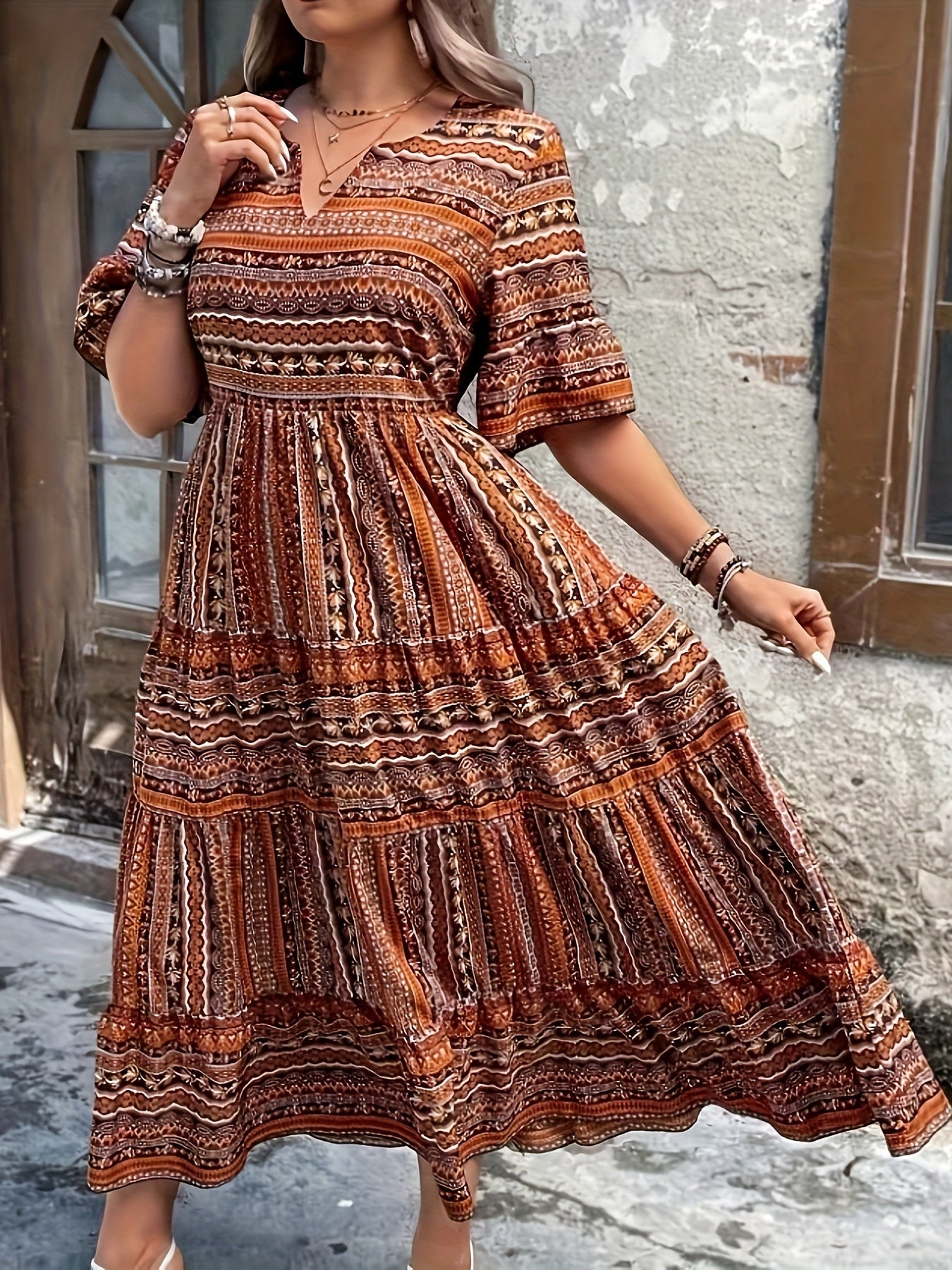 Sylpha - Abito Bohemio di Impressione Étnica Elegante