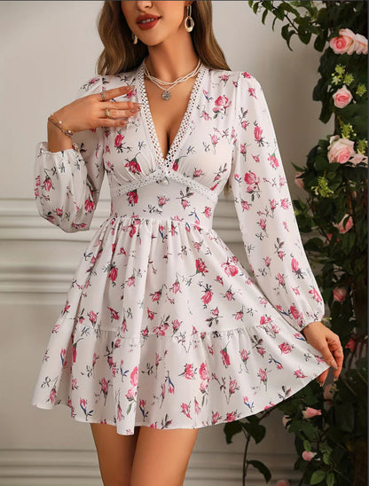 Abito mini Floreale per Donne con Maniche lunghe Abullonadas e Scollo a V