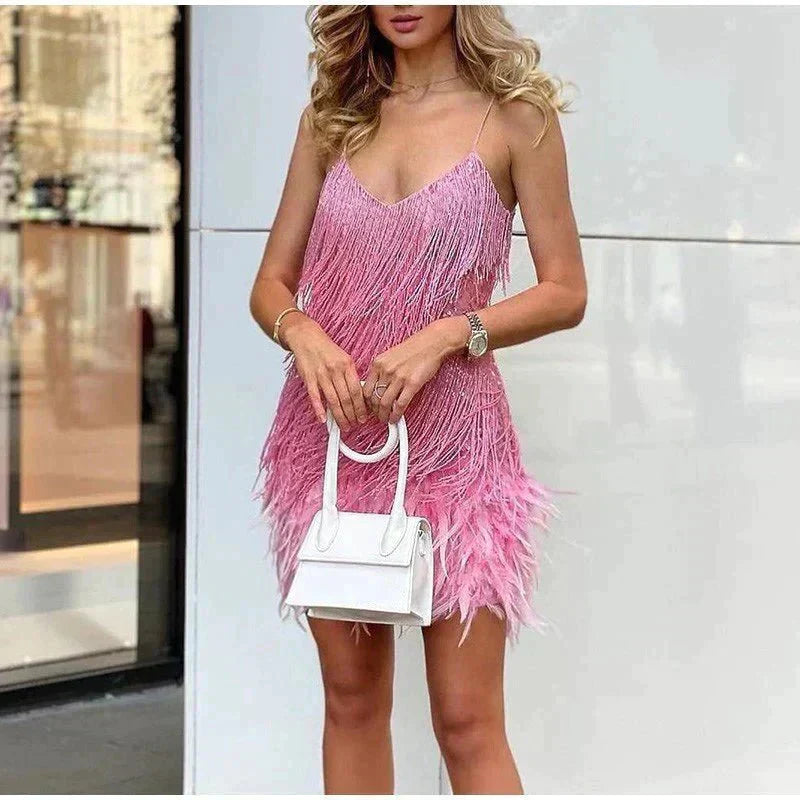 Mini Abito di Spalline Espagueti da donna con Dettaglio di Flecos e Dobladillo di Plumas