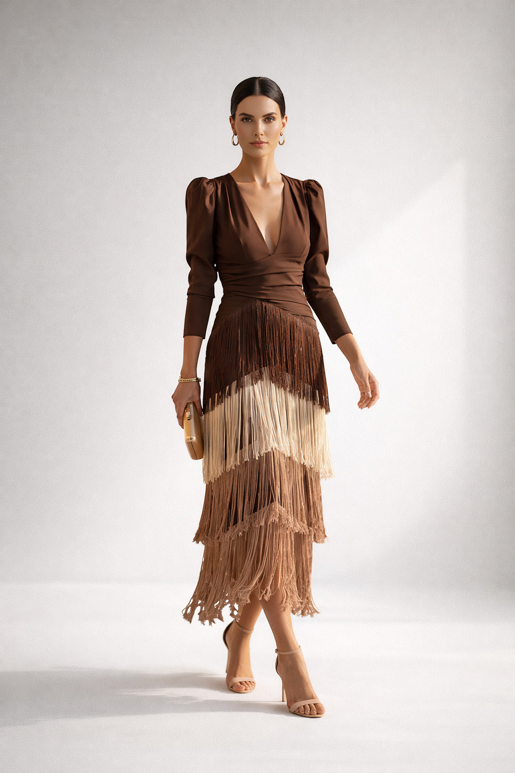 Abito midi Con Frange Elegante — Silhouette Raffinata e Dinamica