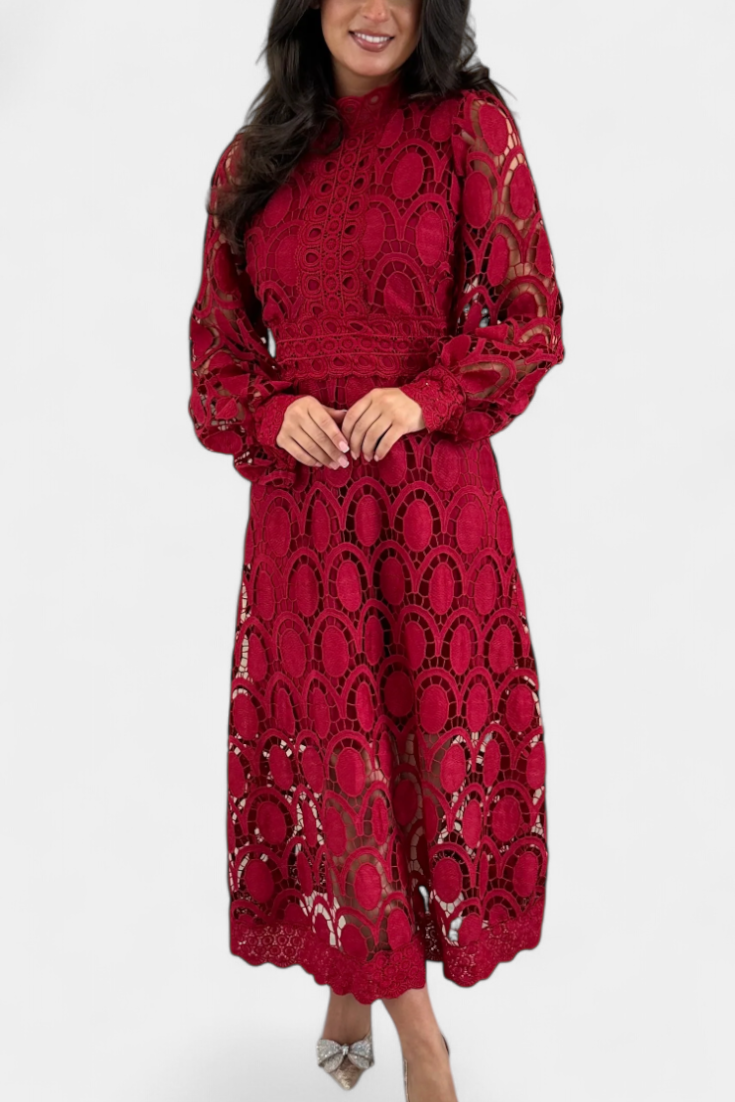 Jovie Abito midi in pizzo Ricamo con Collo alto