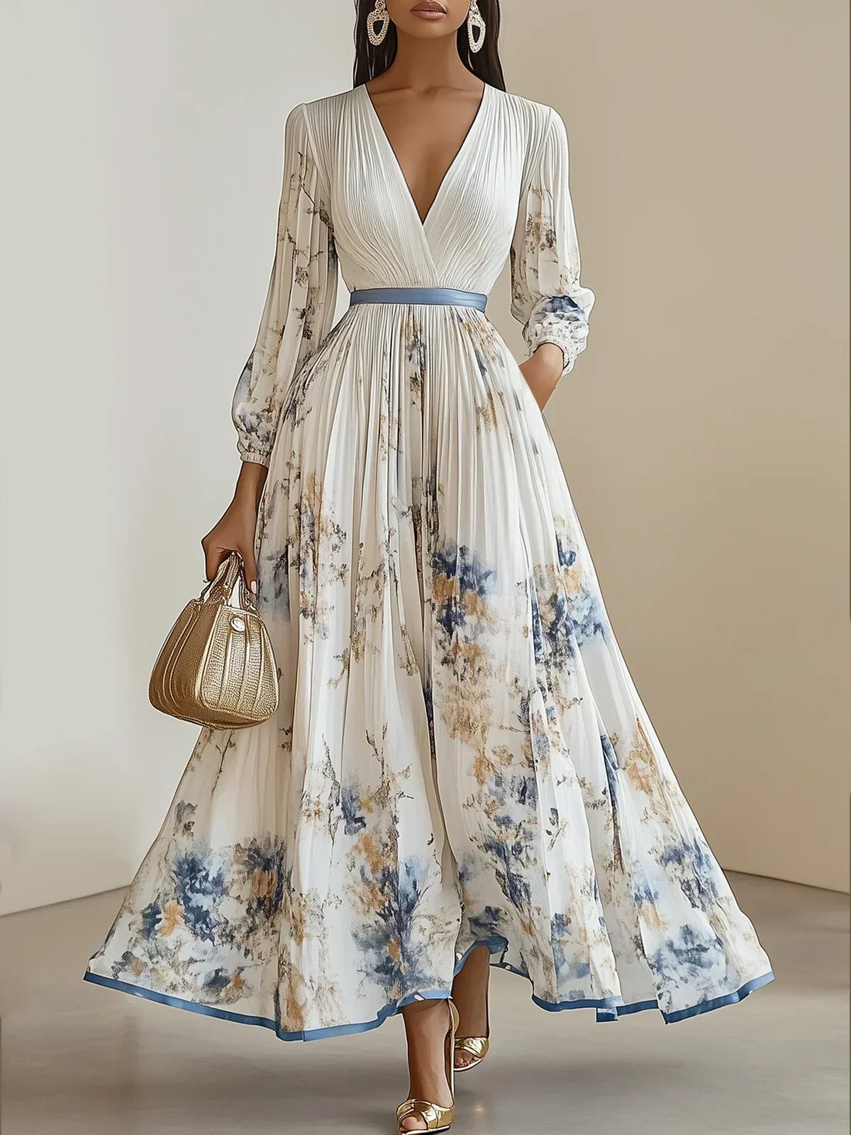 Halston - Elegante Abito Maxi di Manica Abullonada e Scollo a V