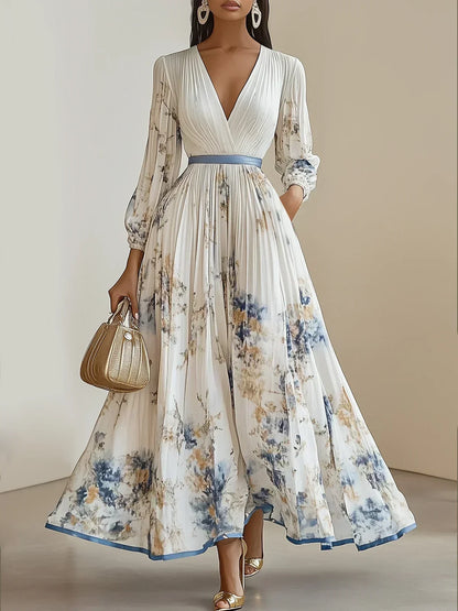 Halston - Elegante Abito maxi con Maniche a palloncino e Scollo a V