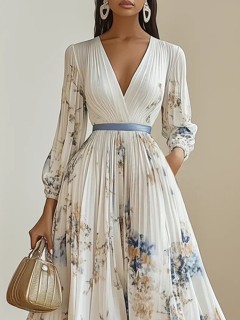 Halston - Elegante Abito maxi con Maniche a palloncino e Scollo a V