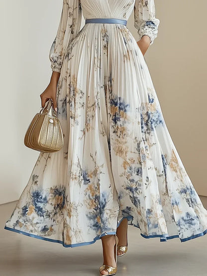Halston - Elegante Abito Maxi di Manica Abullonada e Scollo a V