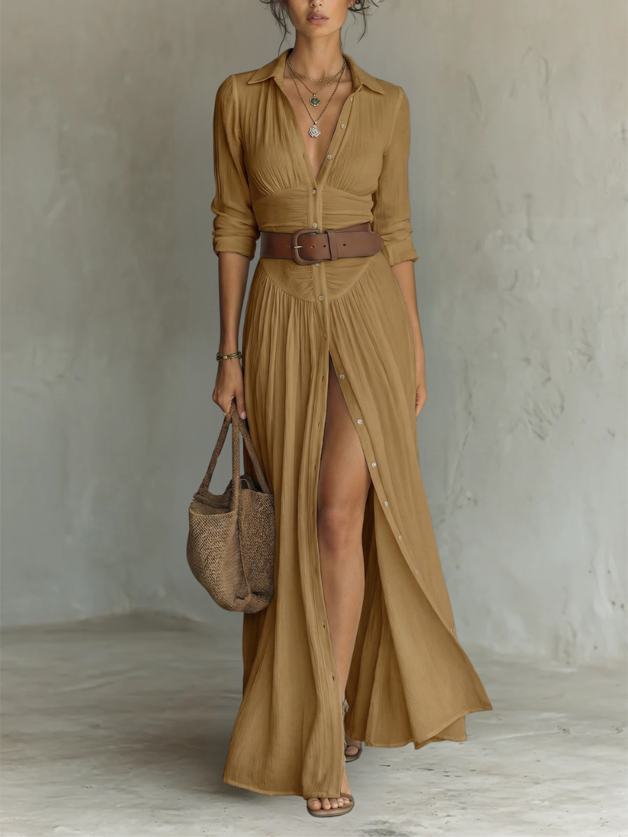 Abito maxi Lungo con Collo e Maniche lunghe in lino per donna