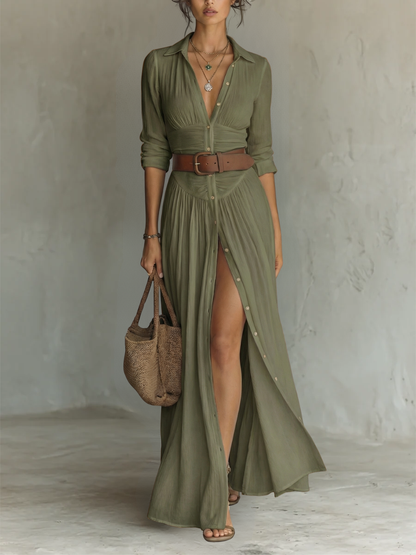 Abito maxi Lungo con Collo e Maniche lunghe in lino per donna