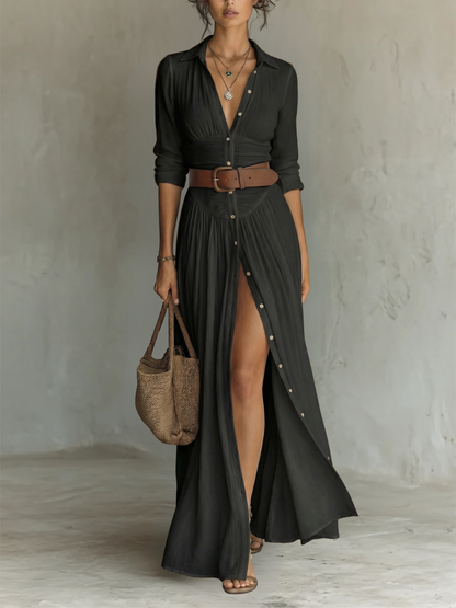 Abito Maxi Elegante con Collo a Revers e Maniche Lunghe in Lino-Cotone