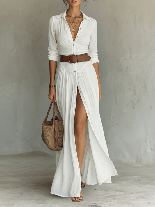 Abito Maxi Elegante con Collo a Revers e Maniche Lunghe in Lino-Cotone
