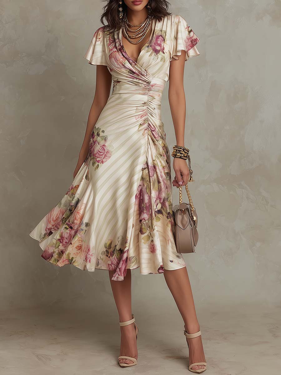 Margaret | Abito midi in raso Floreale Vintage