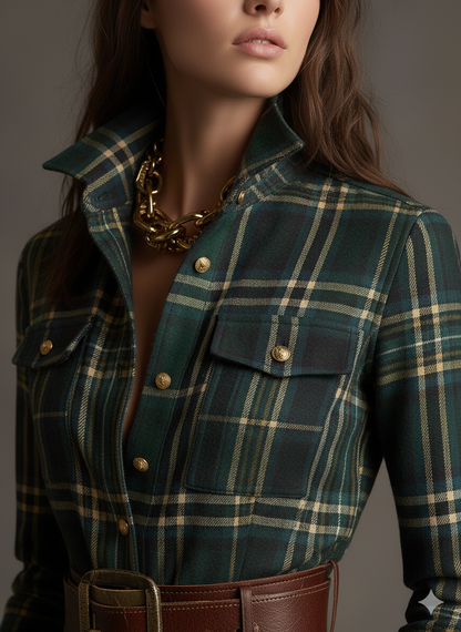 Giulia - Abito lungo a quadri marrone rossiccio con collo e stile etnico retrò