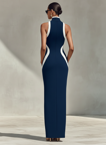 Abito Aderente Blu navy e Bianco con Dettaglio della Cerniera Frontal e Spacco laterale, Abito elegante e Senza sforzo