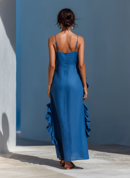Abito maxi donna in lino Blu con Spalline Finos e Volant