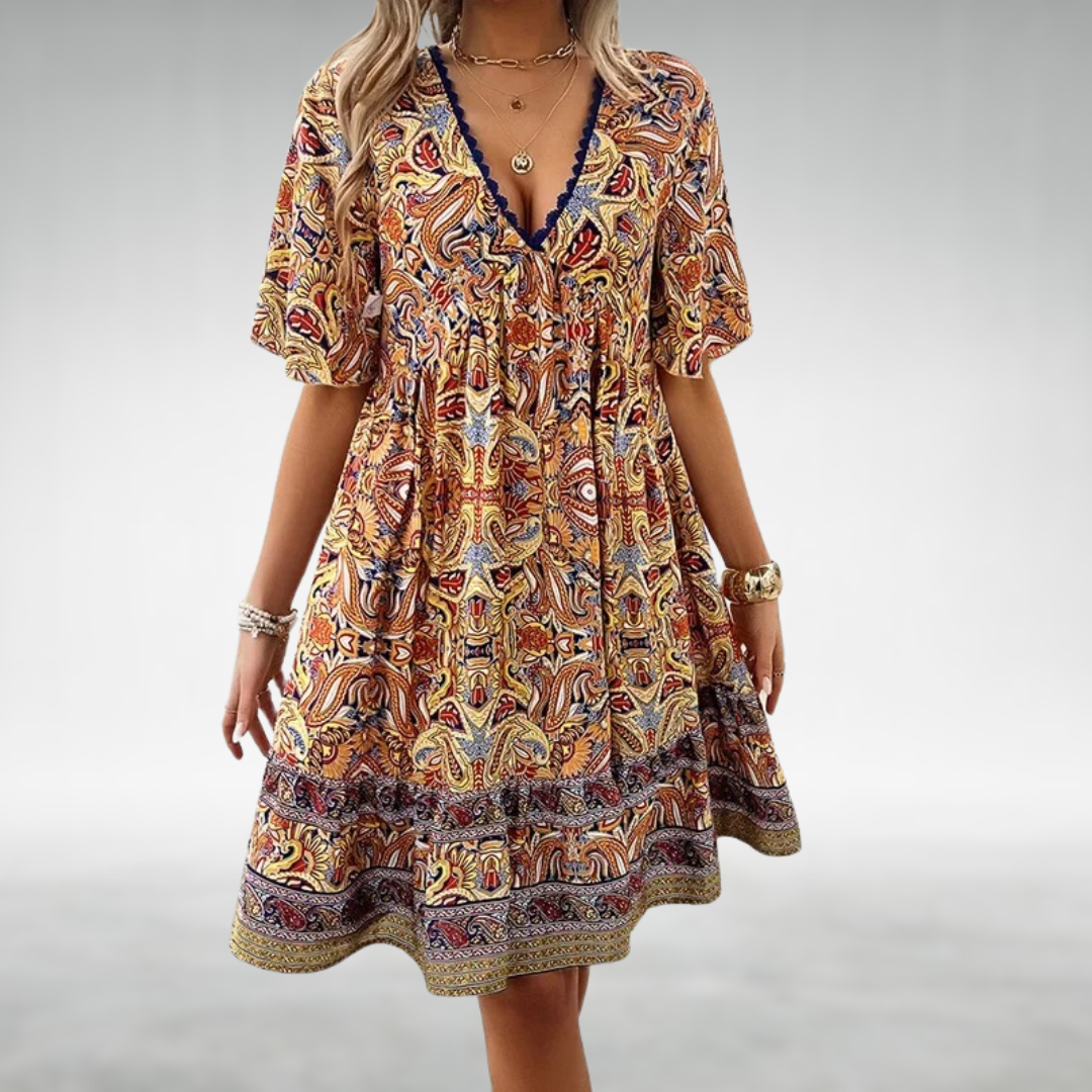 Saylor - Abito Estivo di Scollo a V con Stampato Boho di Paisley