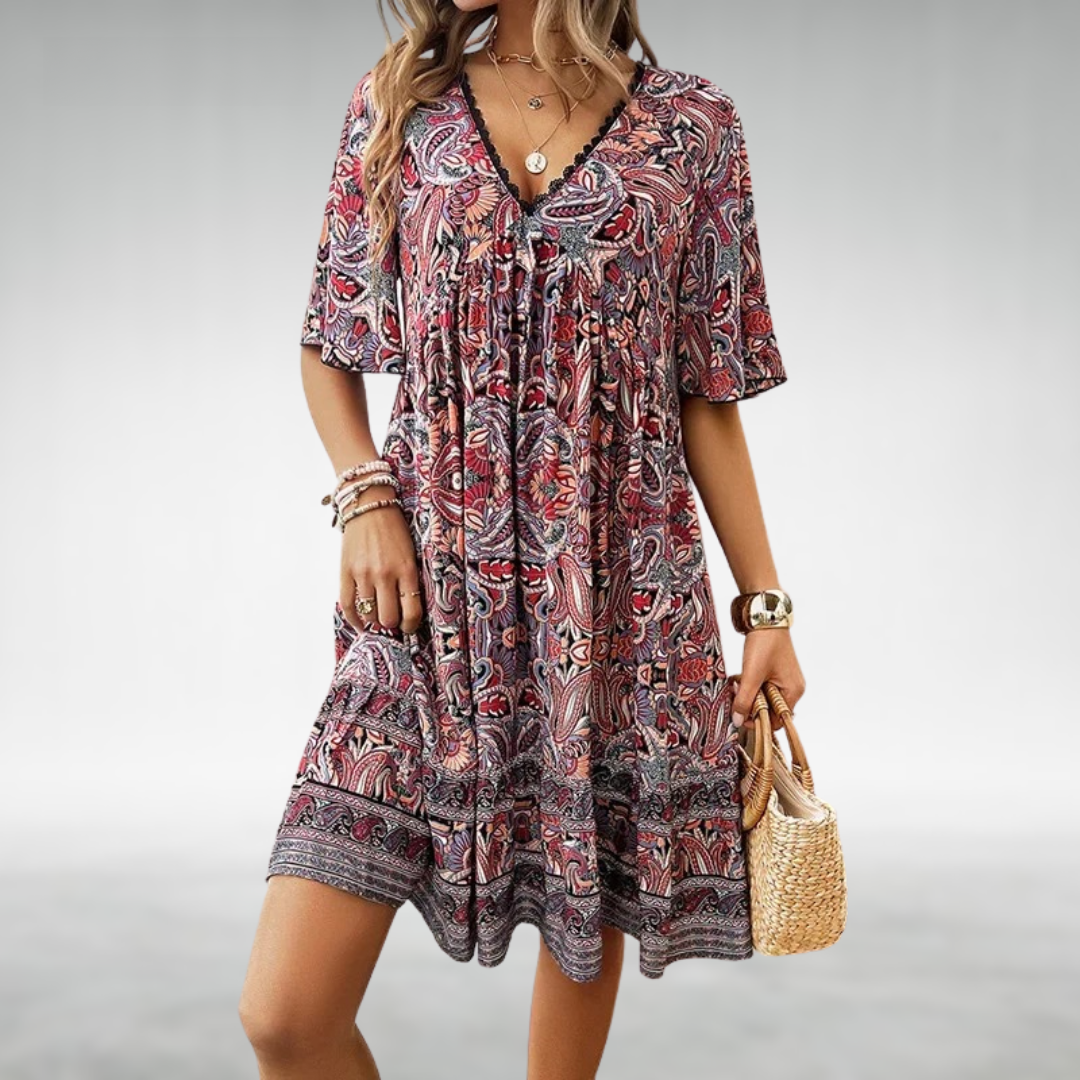 Saylor - Abito Estivo di Scollo a V con Stampato Boho di Paisley