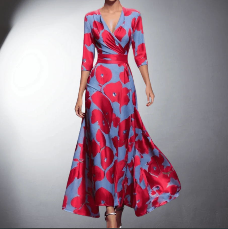 Zoe - Abito maxi Classico Floreale con Scollo a V