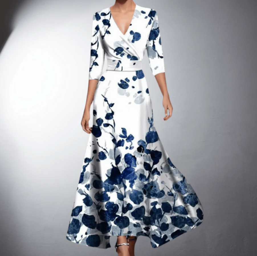 Zoe - Abito maxi Classico Floreale con Scollo a V