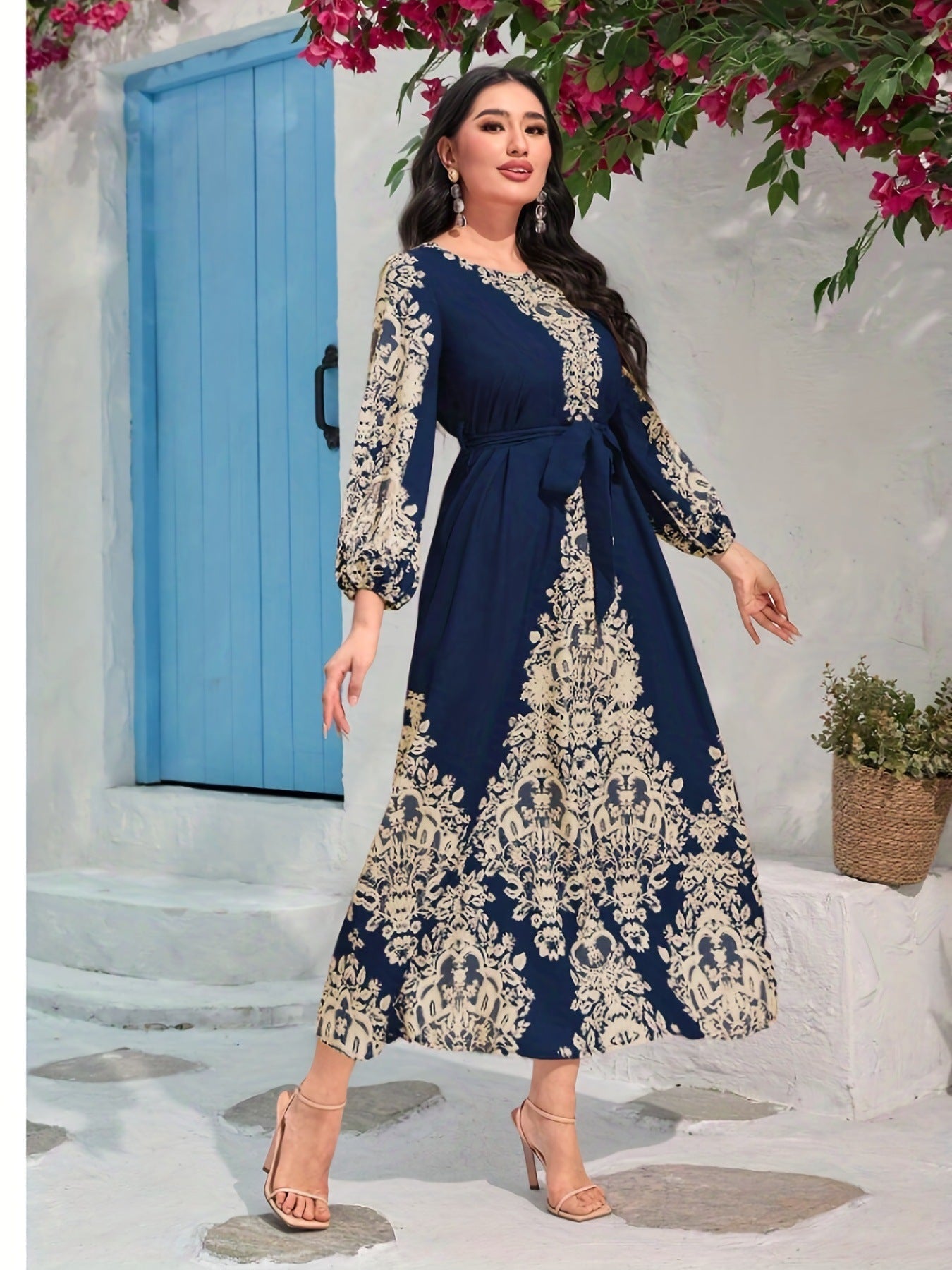 TOVE – ABITO LUNGO DI SETA CON SCOLLO A V BLU NAVY PER DONNE