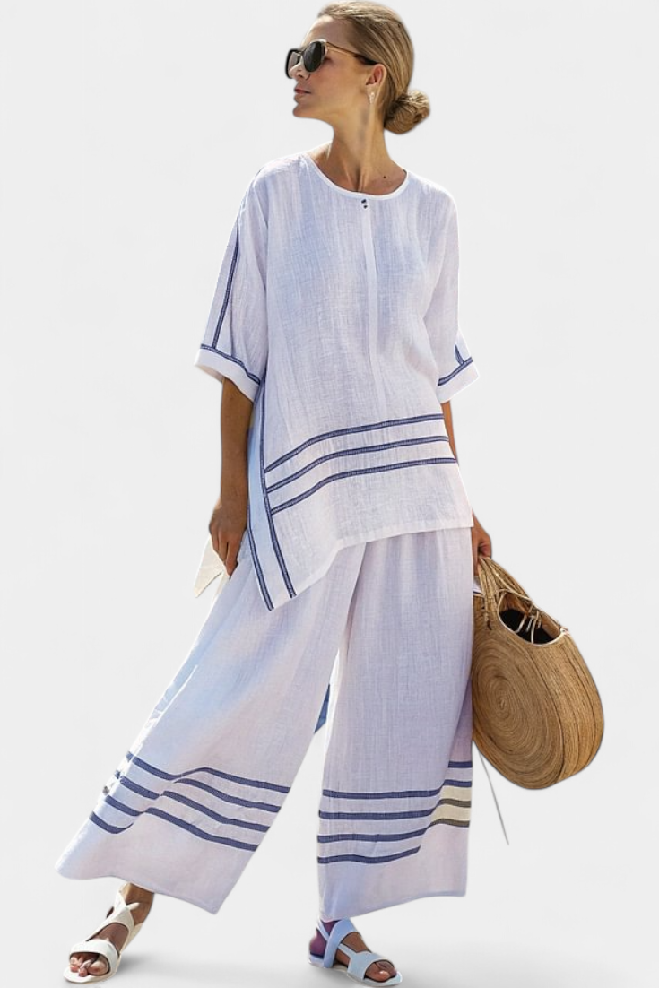 Set Chic a Righe - Pantalone lungo e Blusa Asimmetrica per Donna