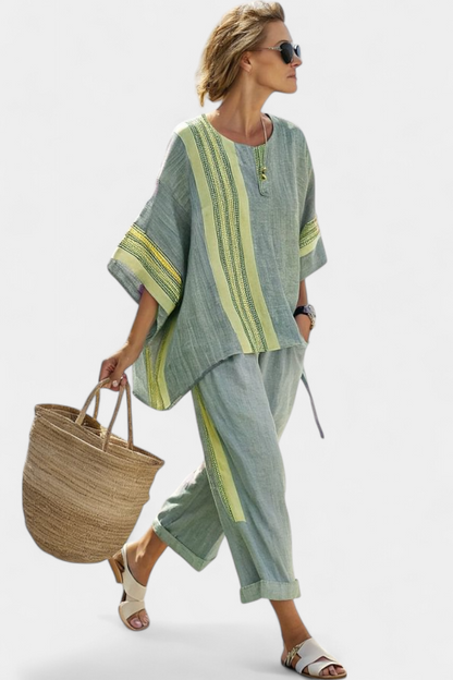 Elowric | Top elegante di Lavanda e Pantaloni a Righe Mostaza