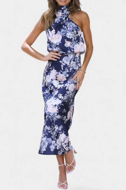 Lisa Abito maxi Floreale con Collo halter e Vita Elástica