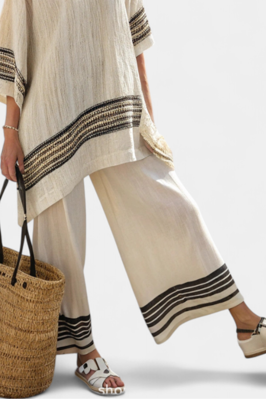 Harlowe | Top di lino nero a righe eleganti e pantaloni fluidi