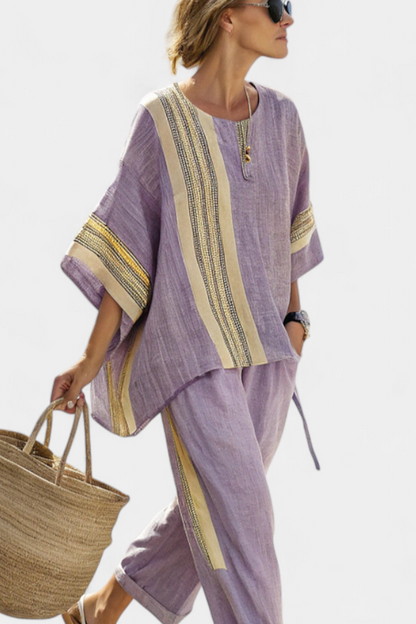 Elowric | Top elegante di Lavanda e Pantaloni a Righe Mostaza
