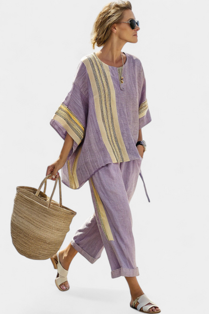 Elowric | Top elegante di Lavanda e Pantaloni a Righe Mostaza